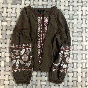 Anthropologie RD & Koko Embroidered Floral Jacket Top Olive Green Sz L